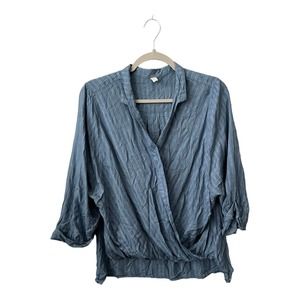 Elan Women’s Blue Chambray Faux Wrap Top Blouse Roll Tab Sleeves Casual Large